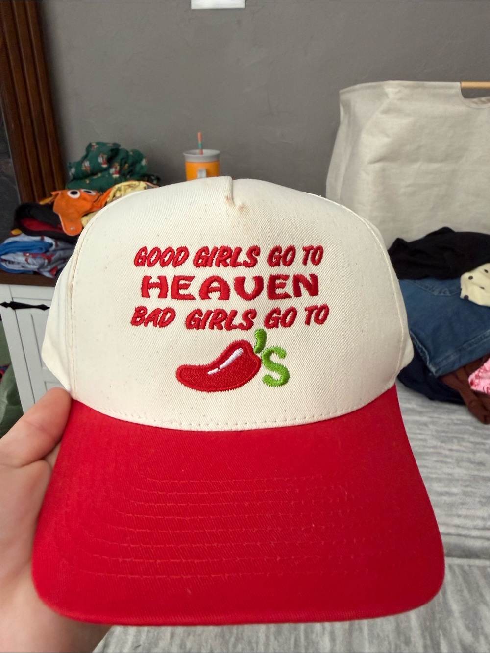 Cream and Red Embroidered Slogan Trucker Hat